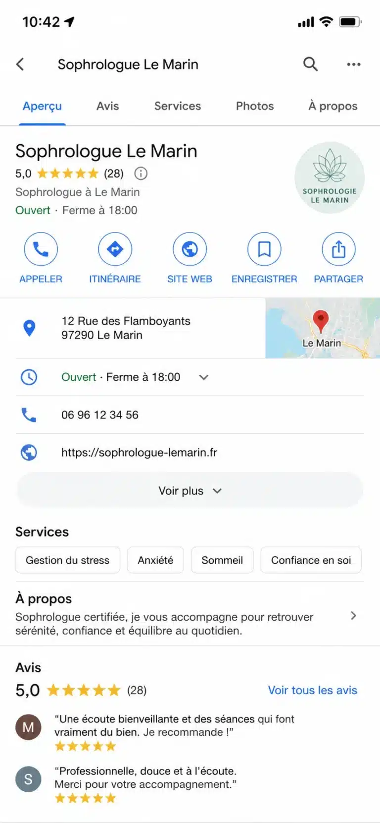fiche google profile my business thérapeute