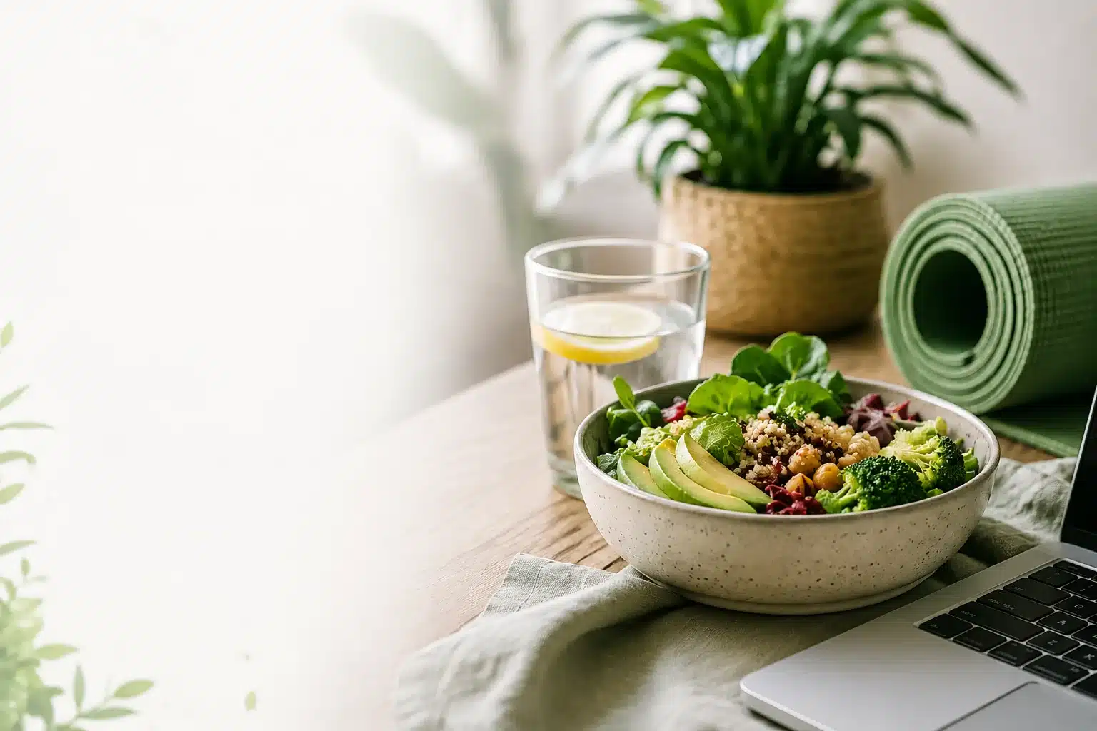 tapis de gym roulé, repas healthy et ordinateur portable sur une table